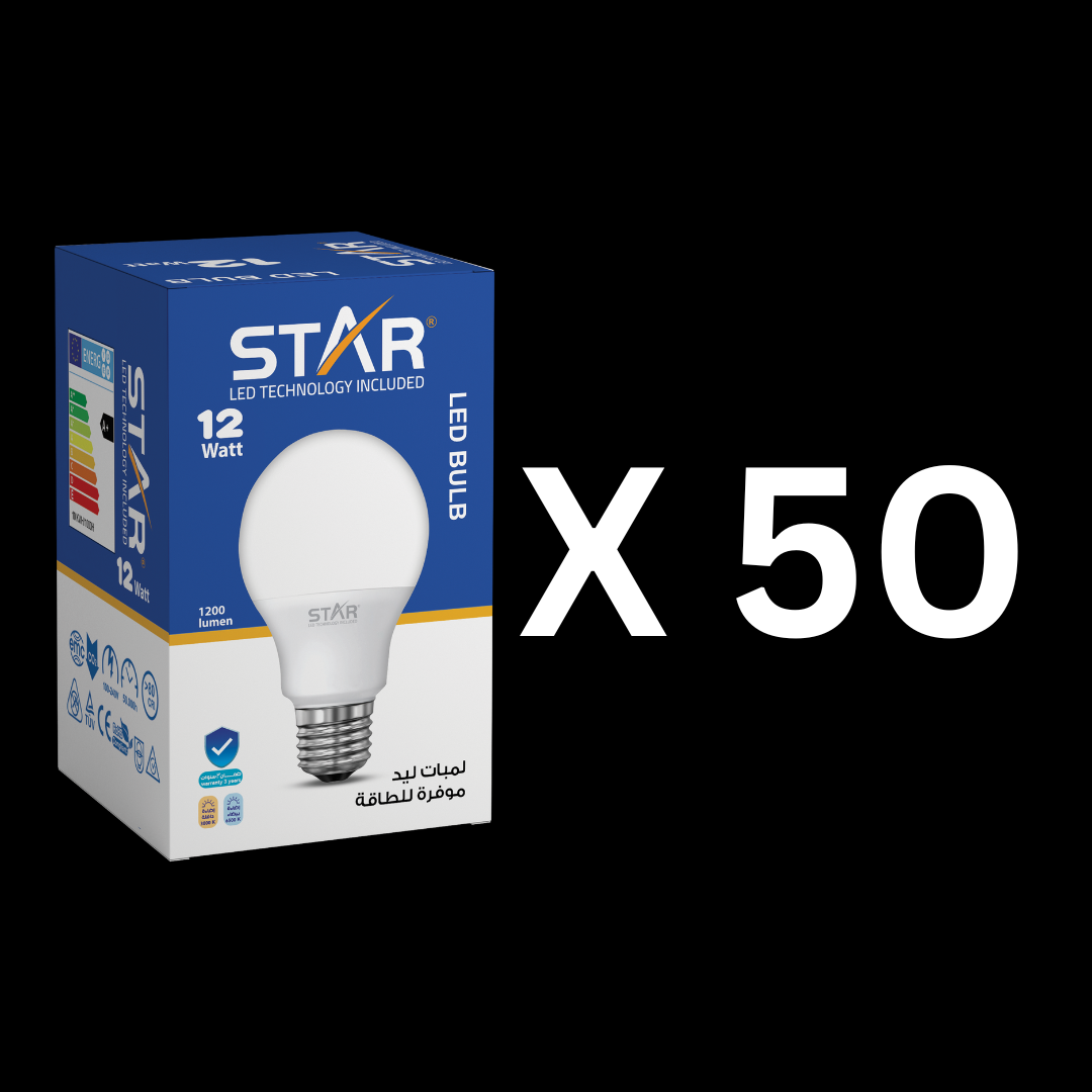 LED Bulb E27 12W , Energy Saving Light Bulb, Bright White 6500K, 1200 Lumens, Standard E27 Base, Long Lifespan, Eco-Friendly Lighting ( 50 Pieces )