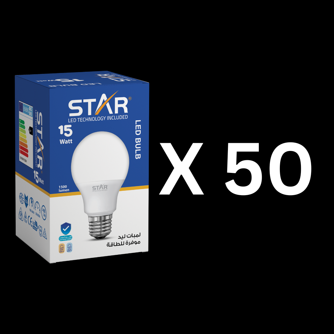 LED Bulb E27 15W , Energy Saving Light Bulb, Bright White 6500K, 1500 Lumens, Standard E27 Base, Long Lifespan, Eco-Friendly Lighting ( 50 Pieces )