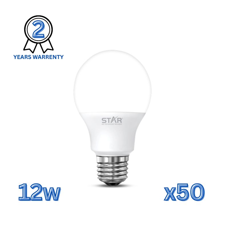 LED Bulb E27 12W , Energy Saving Light Bulb, Bright White 6500K, 1200 Lumens, Standard E27 Base, Long Lifespan, Eco-Friendly Lighting ( 50 Pieces )