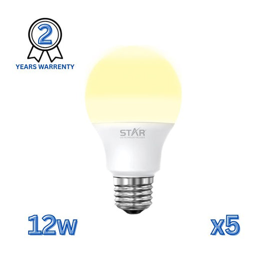 لمبة LED E27 بقدرة 12 وات، لمبة موفرة للطاقة، إضاءة صفراء دافئة 3000 كلفن، 1200 لومن، قاعدة E27 قياسية، عمر افتراضي طويل، إضاءة صديقة للبيئة (5 قطع)