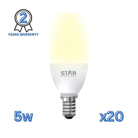 لمبة LED E14 5 واط، لمبة موفرة للطاقة، إضاءة صفراء دافئة 3000 كلفن، 500 لومن، قاعدة E14 قياسية، عمر افتراضي طويل، إضاءة صديقة للبيئة (20 قطعة)