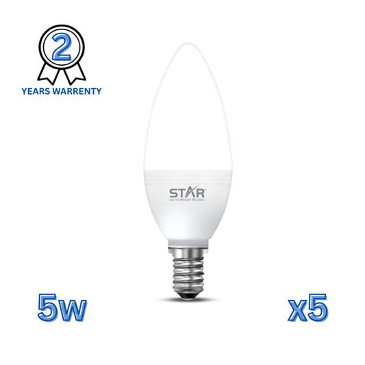 لمبة LED E14 5 واط، لمبة موفرة للطاقة، أبيض ساطع 6500 كلفن، 500 لومن، قاعدة E14 قياسية، عمر طويل، إضاءة صديقة للبيئة (5 قطع)