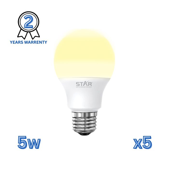 لمبة LED E27 5 واط، لمبة موفرة للطاقة، إضاءة صفراء دافئة 3000 كلفن، 500 لومن، قاعدة E27 قياسية، عمر افتراضي طويل، إضاءة صديقة للبيئة (5 قطع)