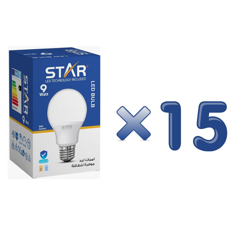 LED Bulb E27 9W , Energy Saving Light Bulb, Bright White 6500K, 900 Lumens, Standard E27 Base, Long Lifespan, Eco-Friendly Lighting ( 15 Pieces )