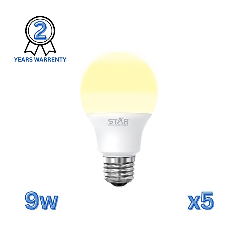 لمبة LED E27 9 واط، لمبة موفرة للطاقة، إضاءة صفراء دافئة 3000 كلفن، 900 لومن، قاعدة E27 قياسية، عمر افتراضي طويل، إضاءة صديقة للبيئة (5 قطع)