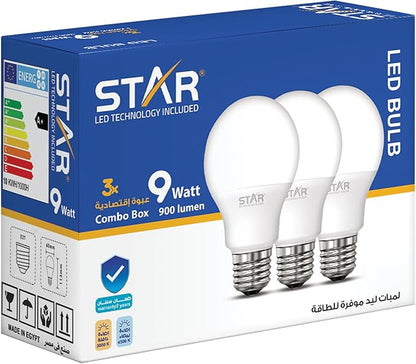 لمبة LED E27 9 واط، لمبة موفرة للطاقة، ضوء أبيض ساطع 6500 كلفن، 900 لومن، قاعدة E27 قياسية، عمر طويل، إضاءة صديقة للبيئة (3 قطع)