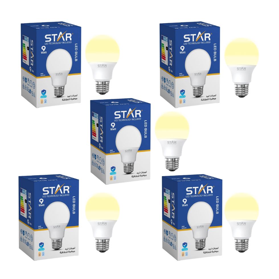 لمبة LED E27 9 واط، لمبة موفرة للطاقة، إضاءة صفراء دافئة 3000 كلفن، 900 لومن، قاعدة E27 قياسية، عمر افتراضي طويل، إضاءة صديقة للبيئة (5 قطع)