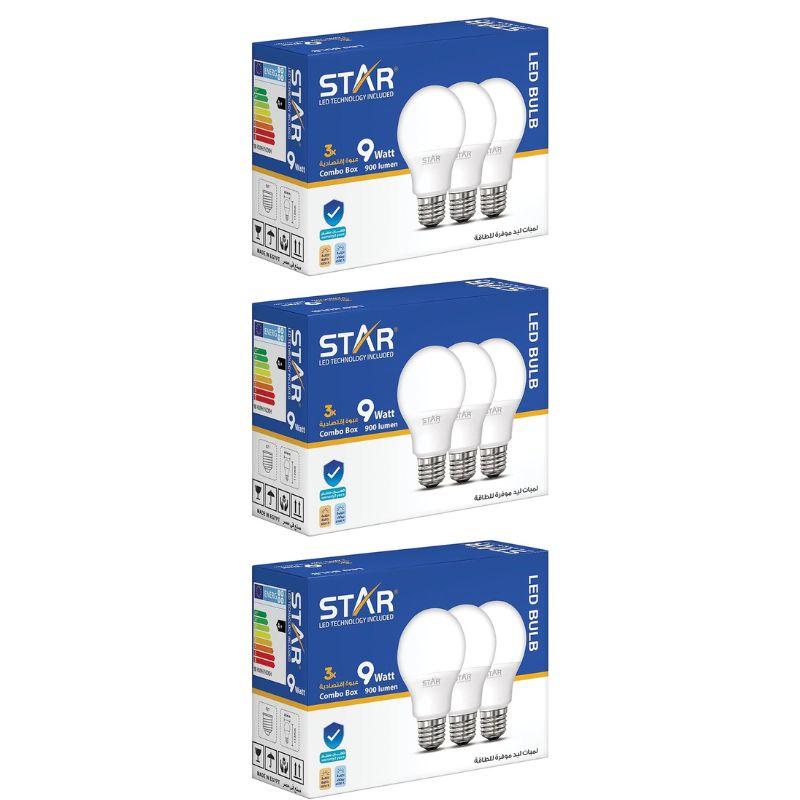 A60 LED Bulb E27 9W, 6500K Cool White, 900 Lumens, Pack of 9