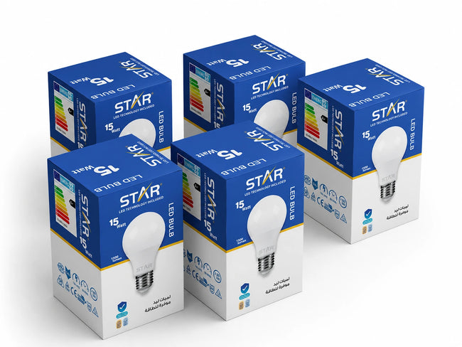 LED Bulb E27 15W , Energy Saving Light Bulb, Bright White 6500K, 1500 Lumens ( 5 Pieces )
