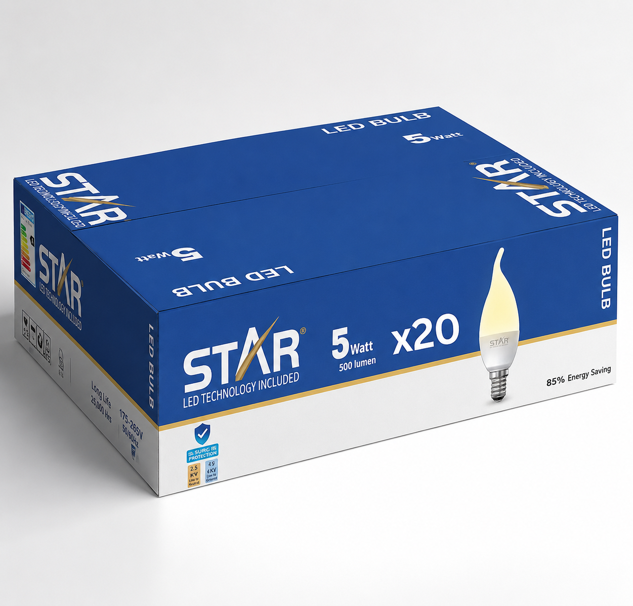 LED Flame Tip Candle Bulb E14 5W Warm Yellow Lighting 3000K, 500 Lumens ( 20 Pieces )