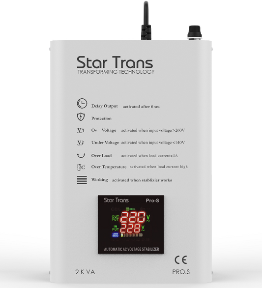 PRO-S 2KVA Servo Voltage Stabilizer – Single Phase – Smart Digital LCD Display – 140–276V Input Range