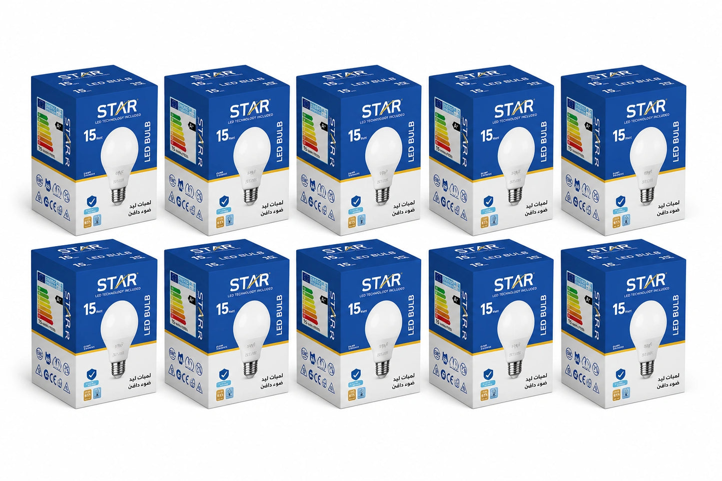 A19 LED Bulb E27 15W, 6500K Cool White, 1500 Lumens, Pack of 10