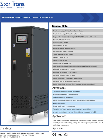 TPL Series Three Phase Stabilizer Servo Liner 20% - 80KVA