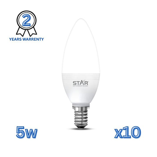 LED Candle Bulb E14 5W, Bright White 6500K, 500 Lumens (10 Pieces)