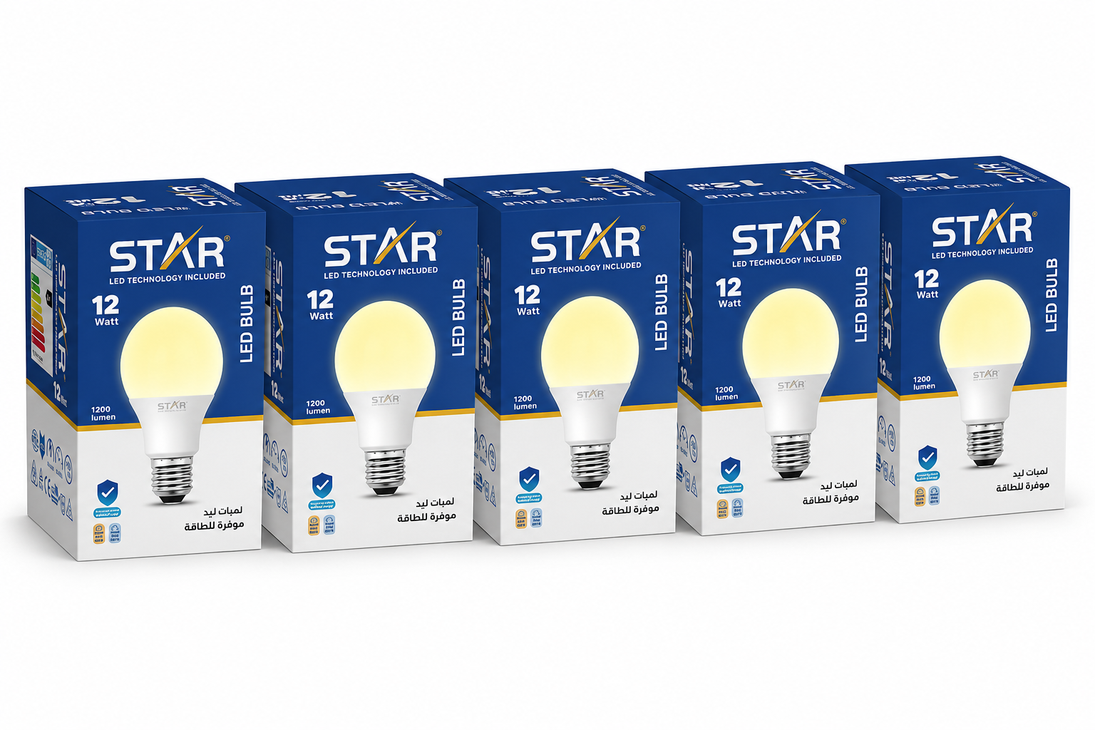 A16 LED Bulb E27 12W, 3000K Warm Yellow, 1200 Lumens, Pack of 5