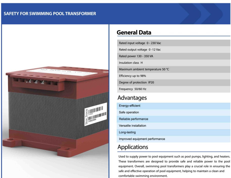 Swimming Pool Safety Transformer 130 VA - IP 20, Low Voltage