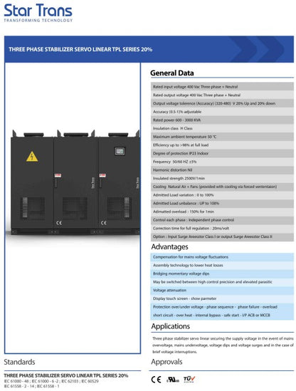 TPL Series Three Phase Stabilizer Servo Liner 20% - 2000KVA