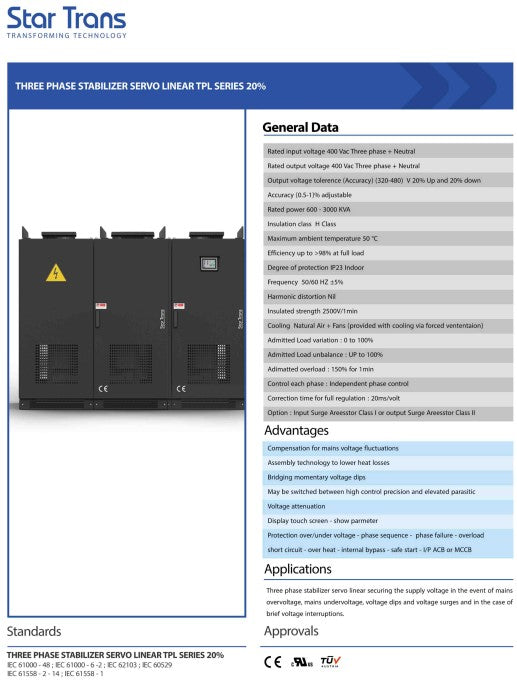 TPL Series Three Phase Stabilizer Servo Liner 20% - 800KVA